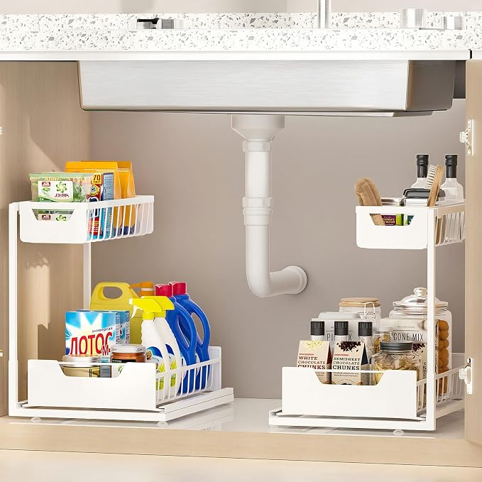 Ceetug Under Kitchen Sink Organizers and Storage, White, 2 Pack | Slide Out Drawer, L-shape, 2 Tier, Cabinet Organizer for Kitchen Bathroom