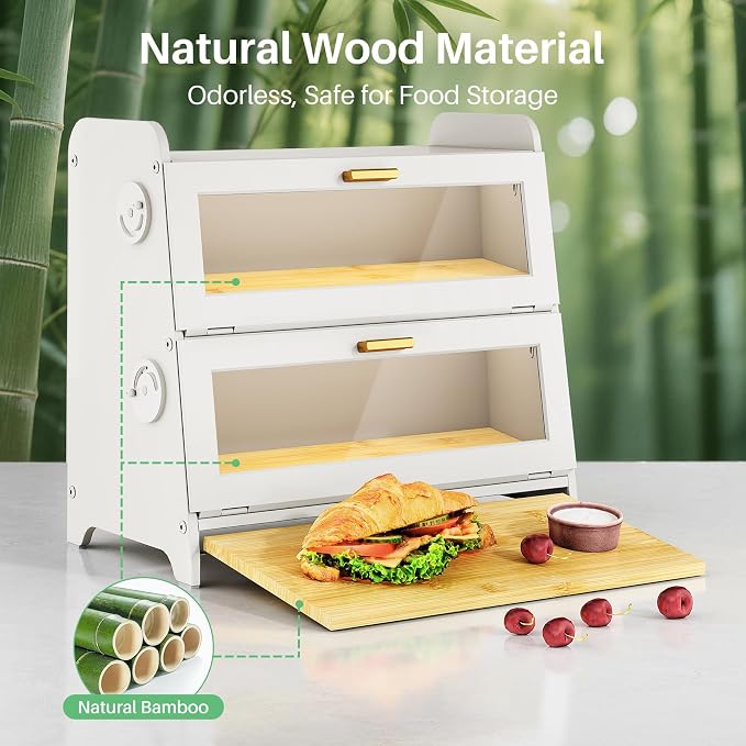 SNTD 2 Tier Bread Box for Kitchen Countertop, Adjustable Ventilation, White | Bamboo Cutting Board, Airtight Design, See-Through Magnetic Door, Bread Storage Container for Homemade Bread, Multi-purpose