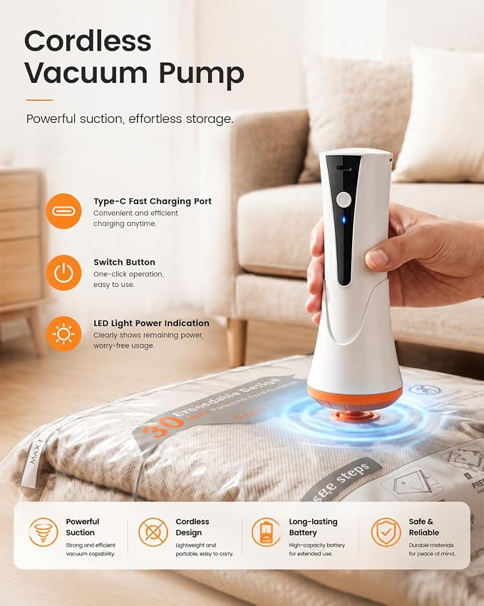 Vacuum Seal Bags for Clothing, Space Saver Bags with Rechargeable Cordless Air Pump, Compression Packing Bags for Packing, Luggage and Seasonal Storage (15 Combo Set)