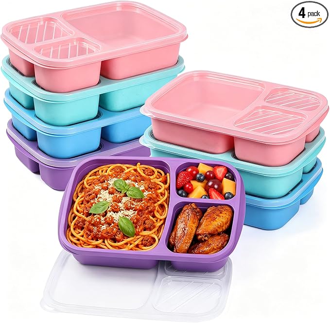 buluker 8 Pack Bento Lunch Box Set 3 Compartment Food Storage Containers Wheat Straw Meal Prep Lunch Box Plastic Food Storage Containers, Microwave and Dishwasher Safe (Vivid Colors)