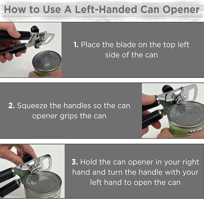 Lefty’s Left Handed Can Opener - Premium Design Black Heavy duty Stainless Steel - Easy To Turn Sharp Blade - Smooth Edge - Great Gift for Left-Handed People, Adults, Men and Women