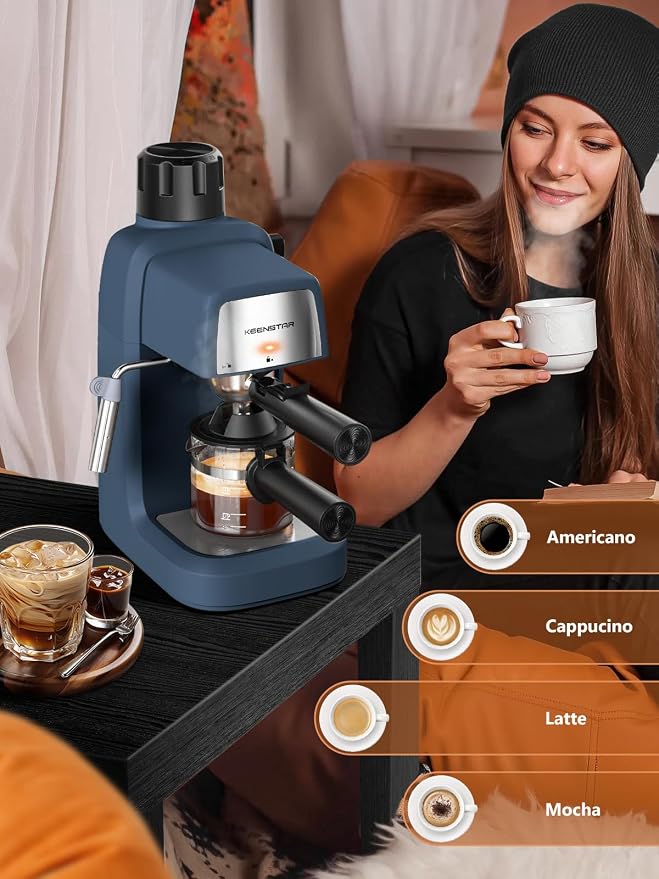 KEENSTAR Espresso Machine 3.5Bar, Compact Expresso Coffee Machines 4-Cup | Milk Frother, 800W Fast Heating, Brew Latte & Cappuccino, Espresso Maker for home, for Coffee Lover, Sapphire