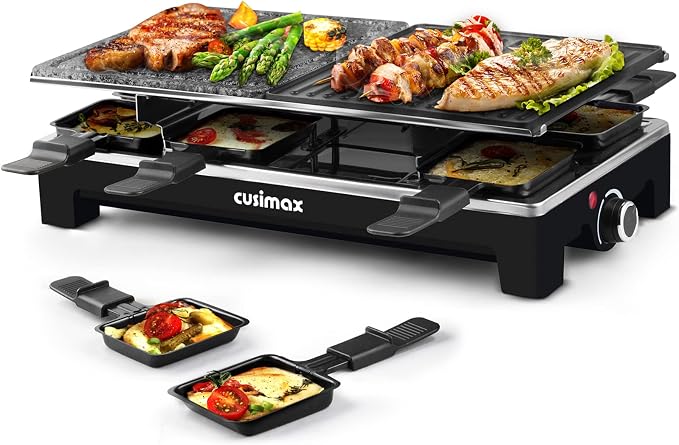 Raclette Table Grill, CUSIMAX Indoor Grill Electric Grill, Black | Portable Korean BBQ with 2 in 1 Reversible Non-stick Plate & Natural Grill Stone, 8 Raclette Pans & 8 Wooden Spatulas, 1500W