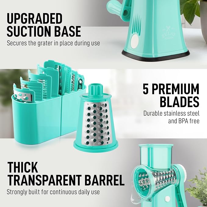 Zulay Kitchen Rotary Cheese Grater 5 Blade Cheese Shredder - Manual Hand Crank Cheese Grater With Reinforced Suction & 5 Interchangeable Drums - Easy to Use, Vegetable Chopper Round Mandoline Slicer