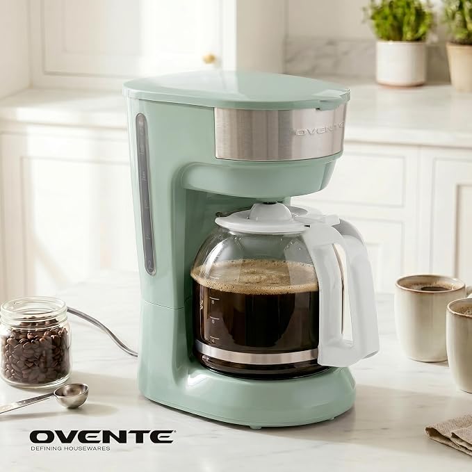 OVENTE 12-Cup Drip Coffee Maker with Easy On/Off Switch, Teal CM412LBL | Anti-Drip System, Heat-Resistant Borosilicate Glass Carafe, Reusable Filter, Water Level Indicator, Ideal for Home or Office