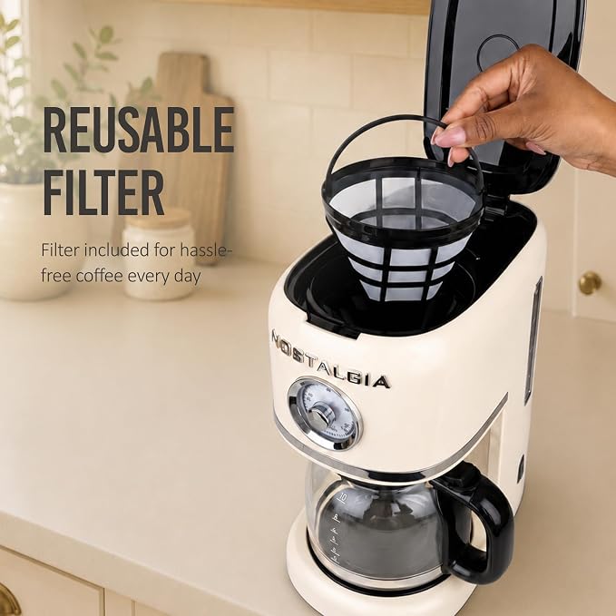 Nostalgia Classic Retro 10 Cup Coffee Maker - One-Touch Drip Brew, Reusable Filter - Anti-Drip, Auto Shutoff, & Time Display - Dishwasher Safe 50 oz Carafe - Cream
