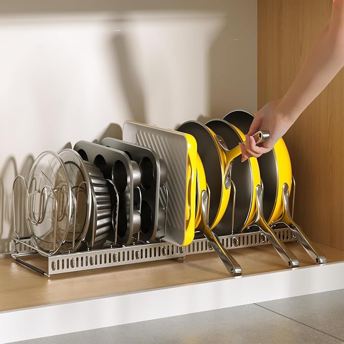 Pots and Pans Organizer under Cabinet, 11.8-22.8" 12 Dividers Silver | Extends 11.8-22.8", Holds pot lids, pans, cookware and bakeware, Adjustable dividers, for under cabinet or countertop