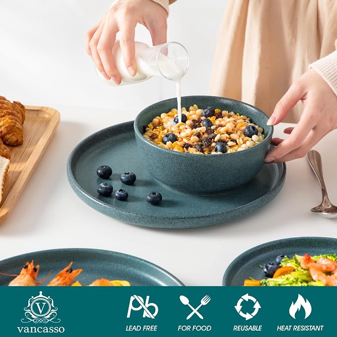 vancasso ZERMATT 24 Pieces Stoneware Dinnerware, Plates and Bowls Set for 8 | Dishes Set for 8 in Smoky Teal Reactive Glaze Stoneware, Kitchen Dinner Set, Microwave and Dishwasher Safe
