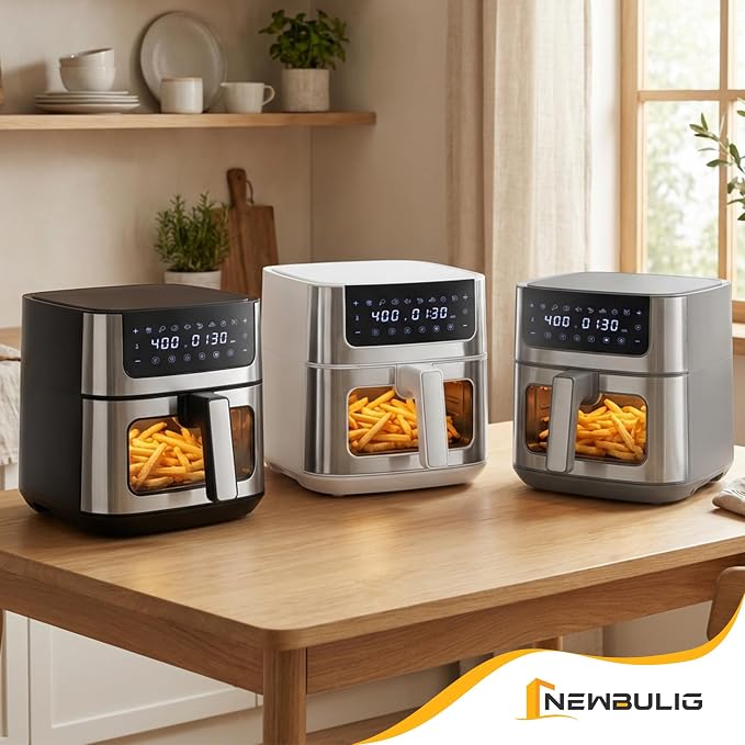 NEWBULIG Air Fryer 6.34QT Airfryer with Visible Window 400℉ Fast Heating Stainless Steel Air Fryers Oven with Nonstick and Dishwasher-Safe Basket 8-in-1 Cooking Preset with Timer Auto-Off