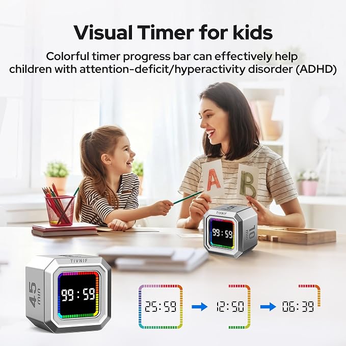 Kitchen Timer Visual Timer for Kids Color Display Gravity Sensor Cube | Digital Pomodoro Timer with Loud Alarm, Magnetic Back, Easy Use for Cooking, Classroom, Study & Productivity
