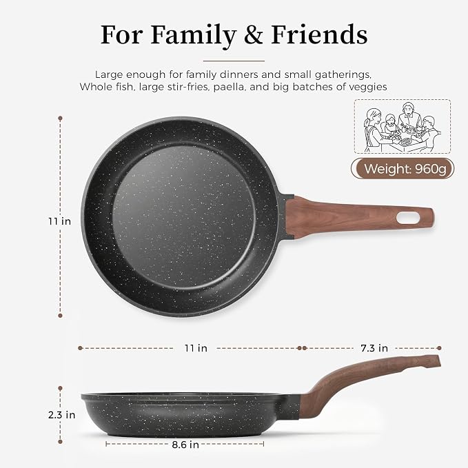YASHE 11 Inch Granite Nonstick Frying Pan, Induction Compatible, Non-Toxic | Skillet with Stay-Cool Handle Cooking Pan for All Stovetops PFOA/PFOS Free Egg Frying Pan for Pancakes & Bacon