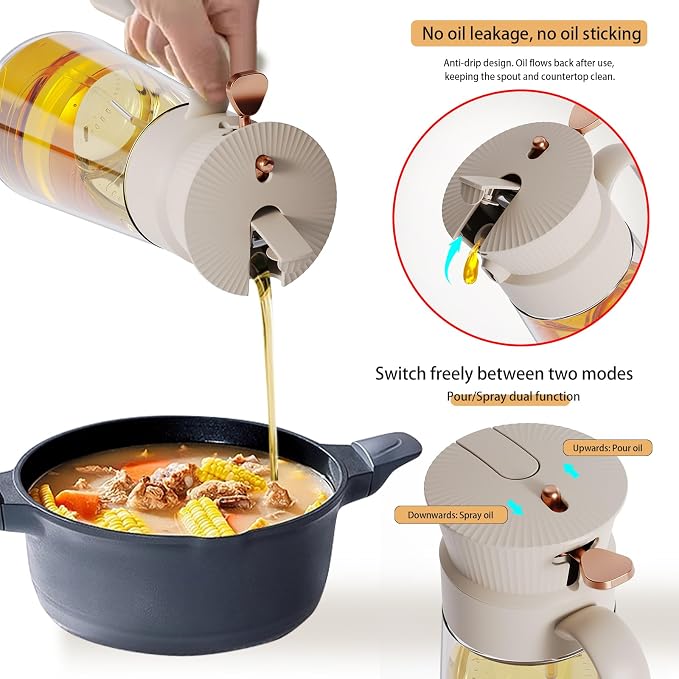 19.6 oz Leak-Proof Glass Olive Oil Sprayer for Cooking, Fine Mist & Pour | 2 in 1 Oil Dispenser and Sprayer, Switch Between Fine Mist & Precision Pour for Air Fryer, BBQ, Salad, Baking - White