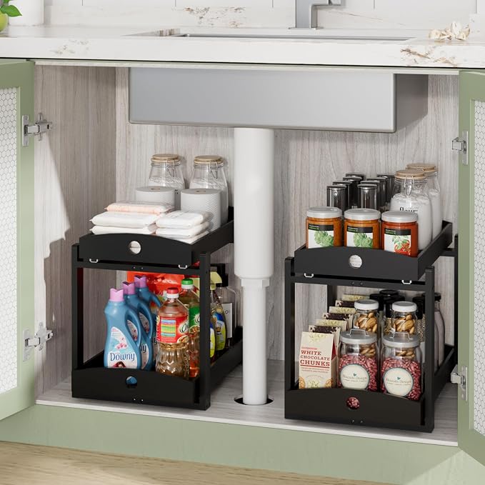 2 Pack Bamboo Under Sink Organizer, 2-Tier Sliding Drawers for Cabinets | Pull-out drawers keep cleaners and tall bottles visible, organized and easy to reach in kitchen or bathroom cabinets