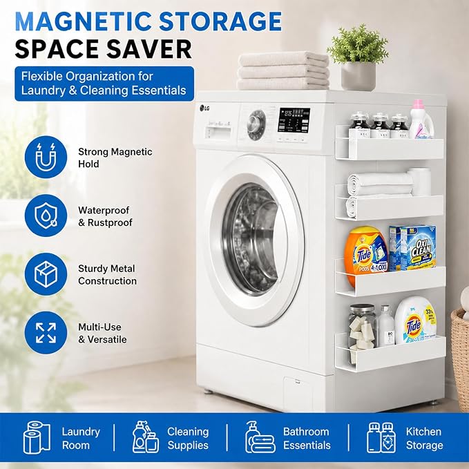 4 Pack Magnetic Cup Holder Heavy Duty, 12 Cup Capacity Water Bottle Organizer fit for Stanley Cup, Tumbler Storage Rack for Kitchen, Side of Fridge, Garage, Laundry Room, Cabinet, Pantry, RV - White