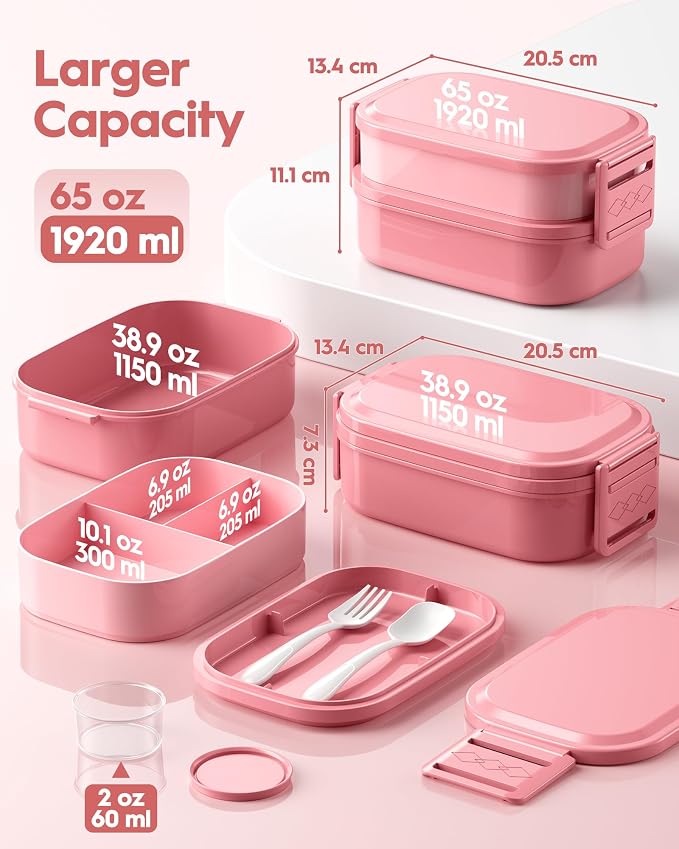 BiuLeon Bento Box Adult Lunch Box, 65 Oz Capacity Lunch Containers(Adjustable 2/3 Tier), BPA-Free, Leak-Proof and Stackable Bento Lunch Box, Microwave & Dishwasher Safe with Utensils(Pink)
