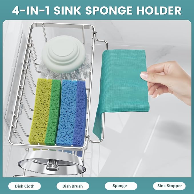 4-in-1 Sponge Holder for Kitchen Sink, Sink Caddy Organizers, Silver | Rustproof, Adhesive hook, Suction cups, Kithen Countertop Organizers and Storage