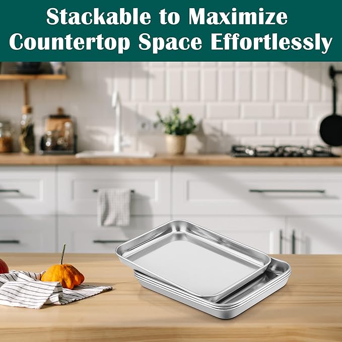 E-far 1/8 Baking Sheet with Wire Rack, Stainless Steel 2 Pans + 2 Racks | 9.4 x 7.3 Inch Cookie Sheets Trays & Cooling Rack for Toaster Oven, Non Toxic & Warp Resistant, Oven & Dishwasher Safe