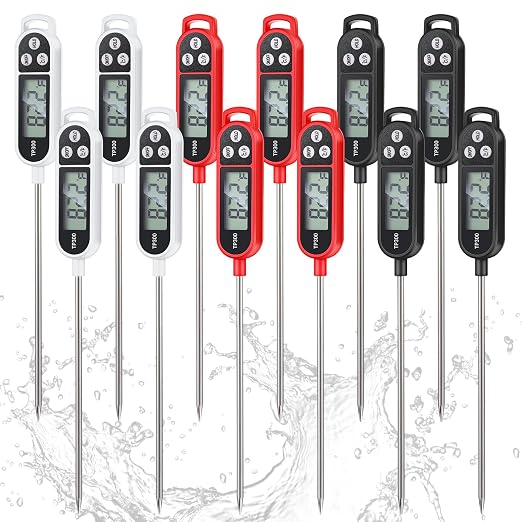 12 Pcs Instant Read Meat Thermometer with Long Probe 9.65 Inch Kitchen Cooking Food Candy Waterproof Digital Thermometer for BBQ Water Milk Yogurt Liquid Cooking (Black,White,Red)