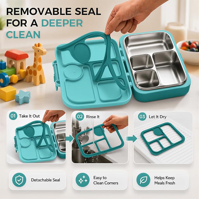 Kids Stainless Steel Bento Lunch Box, 4 Compartments | Leak-Resistant 4 Cups Lunch Container for Ages 4+ with Easy-Open Latch, Removable Seal & Meal Feedback Icon