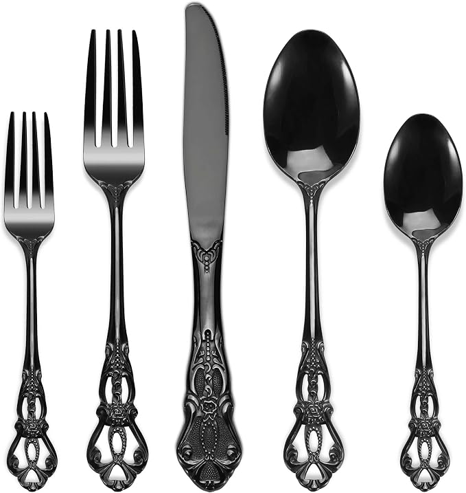 Black Silverware Set, 30 Pieces Retro Royal Silverware Set for 6, Gothic Decor Stainless Steel Flatware Set Including Fork Spoon and Knife, Dishwasher Safe, Black