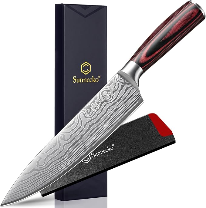 8 Inch Chef Knife - Ultra Sharp Vegetable Kitchen Knife | 12-15 Degree Edge for Meat Cutting Japanese Style, High Carbon Stainless Steel, Pakkawood Handle & Sheath, Cooking & BBQ Gift