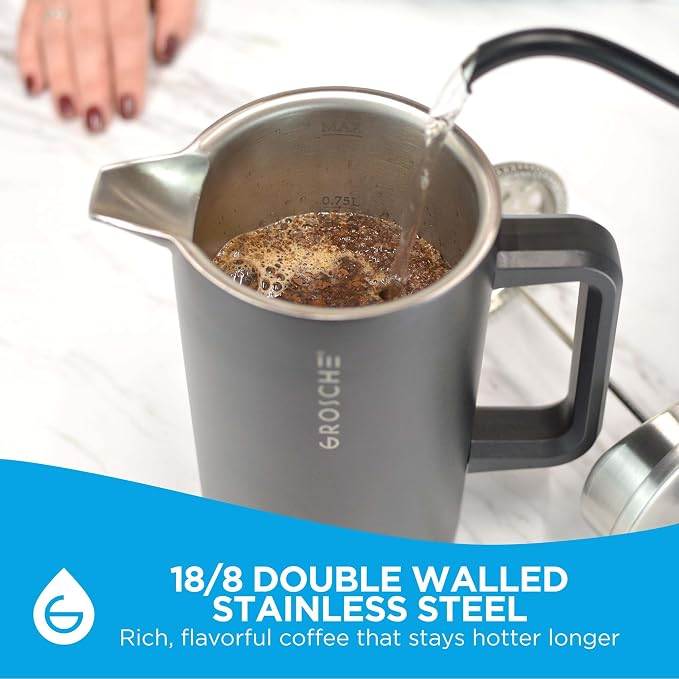 GROSCHE Dublin Double Wall Stainless French Press, Black, 8 Cup, 34 oz | Fine-Mesh Filter Reduces Grit, Insulated Body Retains Heat, Dishwasher-Safe Parts Simplify Cleanup for Daily Hot or Cold Brew