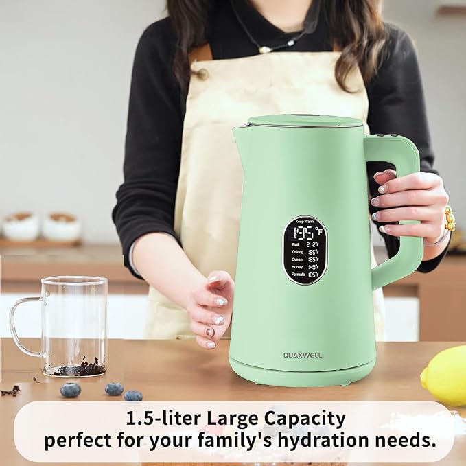 1.5L Electric Kettle Temperature Control, Green | Double Wall Cool Touch Teapot, Fast Boil, 5 Temperature Control, LED Display, Auto Shut-Off & Keep Warm