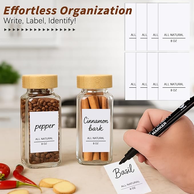 8Oz 8Pcs Glass Spice Jars with Label, Seasoning Containers, Spice Containers with Bamboo Lids & Pen, Empty Spice Bottles for Salt, Herbs, Sugar, Pepper (Natural Wood Color)