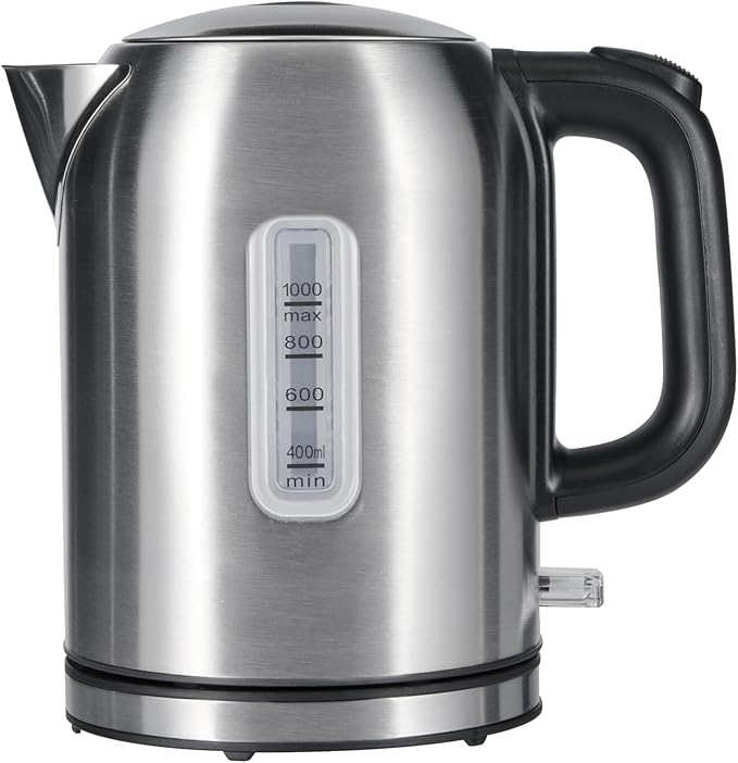 Amazon Basics Electric Kettle, Tea Kettle & Water Boiler with Auto Shut-Off, Boil Dry Protection, Strix Thermostat, BPA-Free, 1500W, 1.1Qt (1L), Stainless Steel, New Model, Black & Silver