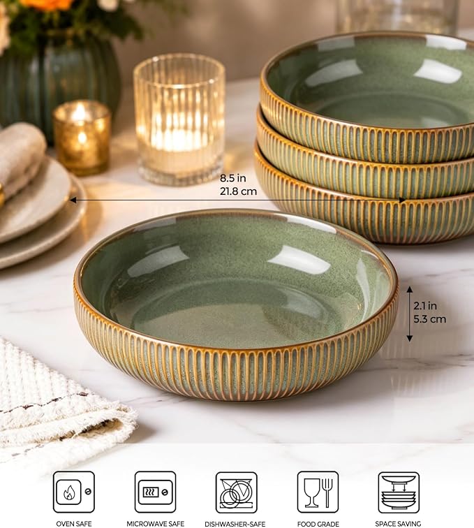 8.5" Ceramic Pasta Bowls Set of 4, Salad Bowls | Versatile Serving Bowls for Pasta, Salad, Fruit & Noodles, Housewarming & Wedding Gift, Sage Umber