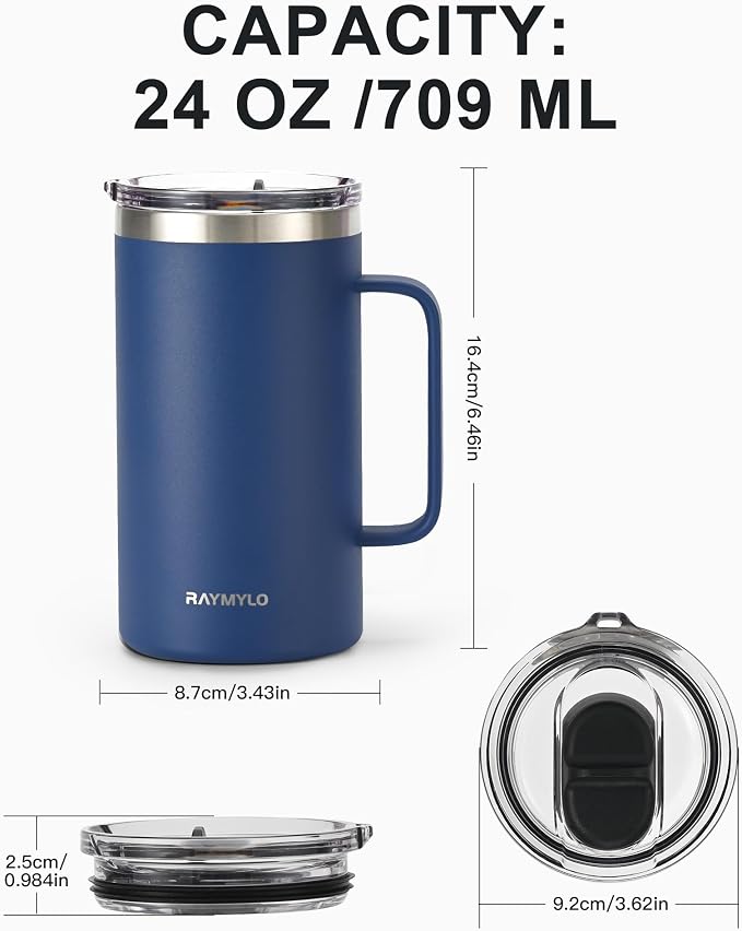 Insulated Travel Large Coffee Mug with Handle, Coffee Tumbler Cup 24oz | Detachable Lid for Thoroughly Clean, Thermal Cup with Double-Wall Stainless Steel Vacuum Insulation, Spill Proof & BPA Free