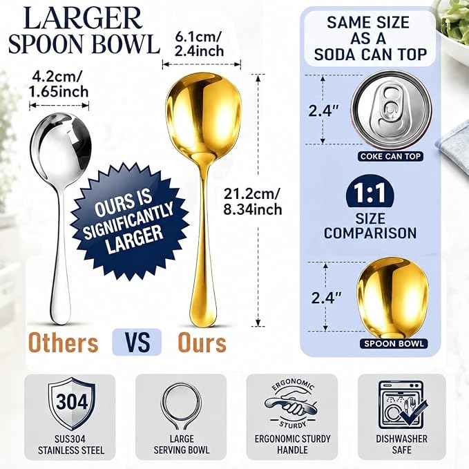 4-piece Gold Serving Spoons, 18/8 stainless steel, Large Buffet Serving Spoon, 2 Slotted Spoons & 2 Solid Spoons, Heavy Duty 304 Stainless Steel Tabletop Flatware Utensil for Banquet and Kitchen