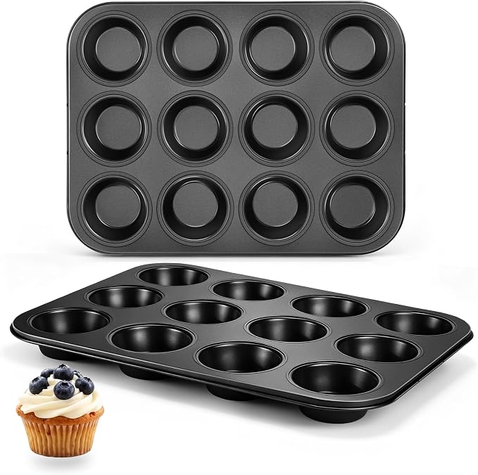 E-far 12-Cup Muffin Pan, 2 Pack Nonstick Carbon Steel Cupcake Pan Tin Tray | Metal Bakeware Muffin Baking Tins for Oven, Standard Size, Ideal for Muffins, Cake Tart, Brownies, Easy Clean & Non-toxic
