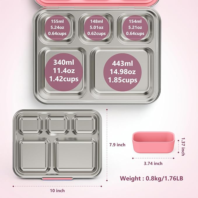 Pawtong Stainless Steel Lunch Box, 5-Compartment Bento Lunch Box for Kids & Adults,Metal Lunch Box with Removable Silicone Container, Lunch Box Containers for School,Office(Pink)