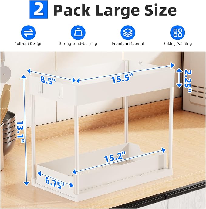 Simple Trending Under Sink Organizer 2 Pack, with Sliding Drawer, White | 2-Tier Multi-Use Under Shelf Organizer with Hooks, Sink Pull-Out Sliding Storage Cabinet for Kitchen Bathroom, Easy Assembly