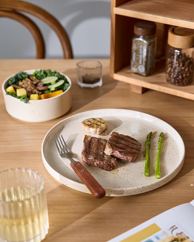Famiware Nebula 24-Piece Stoneware Dinnerware Set, Creamy White | Plates and Bowls with Reactive Glaze and Colorful Speckles, Chip & Scratch Resistant, Microwave & Dishwasher Safe