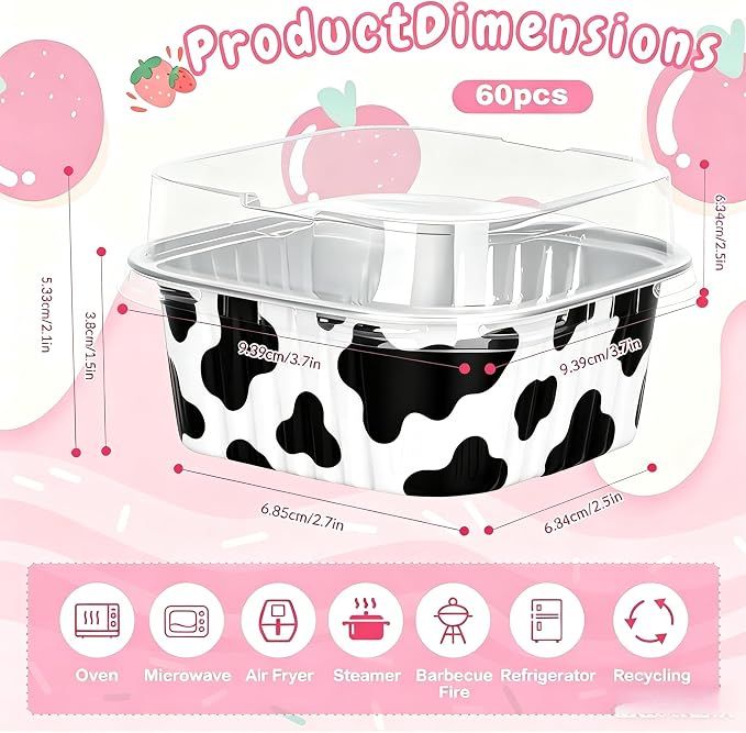 60Pack 5oz Cow Mini Cake Pans with Lids Baking Cups Aluminum Foil Pans Tins, Individual Dessert Cups Containers for Sales,Party,Picnics
