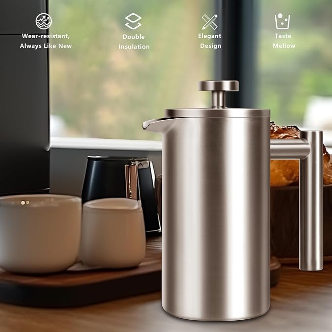 12 OZ French Press Coffee Maker, Sturdy Full Stainless Steel Coffee Press | Mini Small Camping French Presses Coffee Maker, Teapot for Kitchen Travel, 1-2 Cup, 350 ml, Elegant Silver