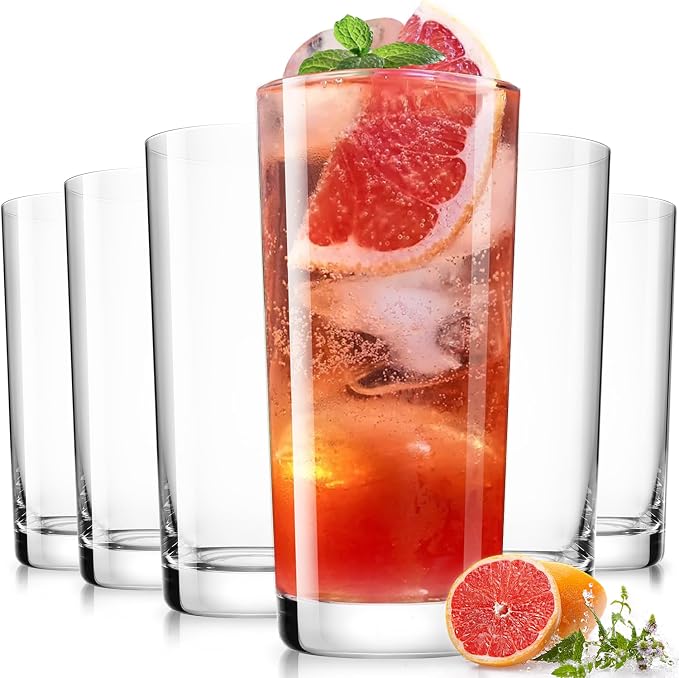 Drinking Water Glass Cups Set,Crystal Highball Glasses cups set of 6,16oz | Wide Mouth Design Clear Tall Glassware for Cocktail Parties, Family Dinners