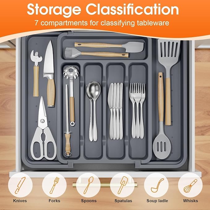 SpaceHacks Silverware Organizer，Adjustable & Expandable Drawer Organizer | Utensil Drawer Organizer, BPA Free Utensil Holder, Cutlery Tray for Forks, Spoons, Knives in Kitchen, Medium, Grey
