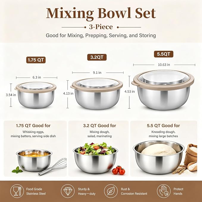 P&P CHEF Mixing Bowls with Lids Set of 3, Khaki Stainless Steel Salad Bowl | Nesting Bowls For Baking Cooking Serving Prepping, Wide Bowl & Airtight Lid, Size 1.75, 3.2, 5.5 Qt, Oven & Dishwasher Safe