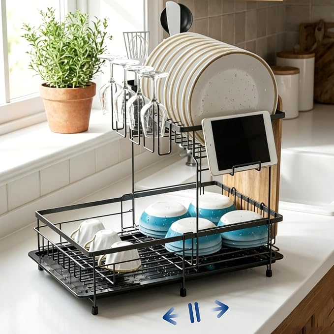 2 Tier Foldable Expandable Double Dish Drying Rack with Utensil Holder & Phone Holder, Over Sink Large Capacity Countertop Dish Dryer Organizer for Kitchen