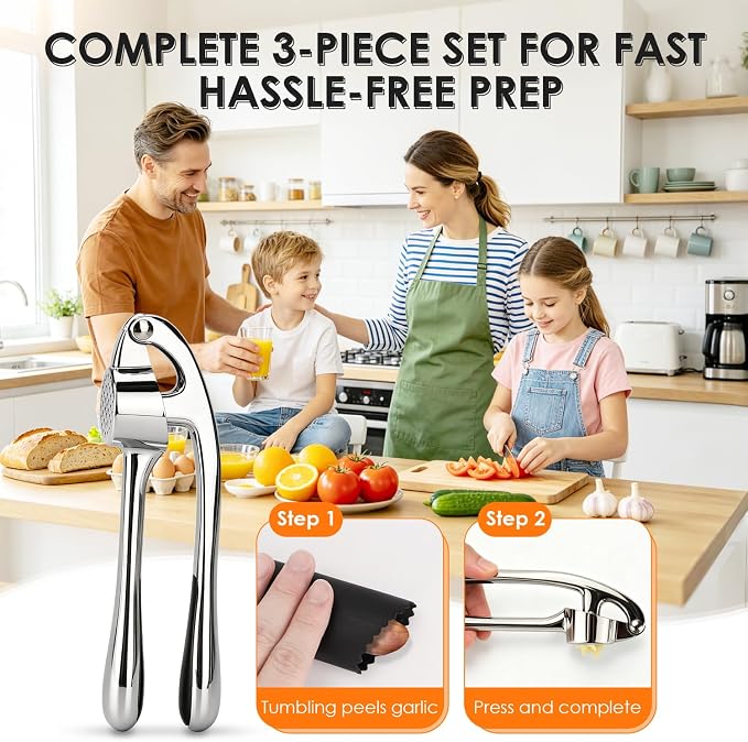Kitchen Garlic Press Set, Rust Proof Garlic Mincer Tool with Silicone Garlic Peeler and Brush
