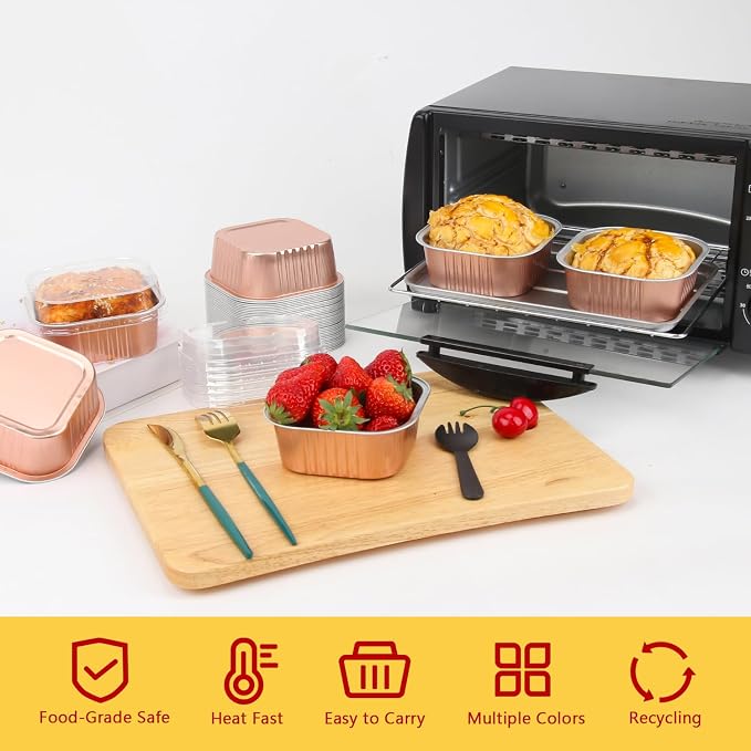 LNYZQUS 10oz Mini Cake Pans with Lids, Small Cinnamon Roll Containers | 40 Pack, Individual, Disposable, Aluminum Foil, Square Baking Tins, 4 Inch Dessert Cups for Bake Sale Treats, Champagne