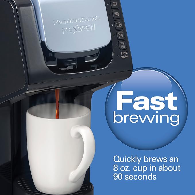 Hamilton Beach Gen 4 FlexBrew Single-Serve Hot & Iced Coffee Maker | Uses Pod Packs or Grounds | 4 Fast Brewing Cup Size Options |50 oz. Removable Reservoir | Black