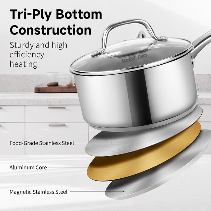SLOTTET 1Qt & 2Qt Stainless Steel Sauce Pan Set with Lid,4 Pcs Non Stick Saucepan,Small Kitchen Pots,Induction Compatible,PFOA FREE