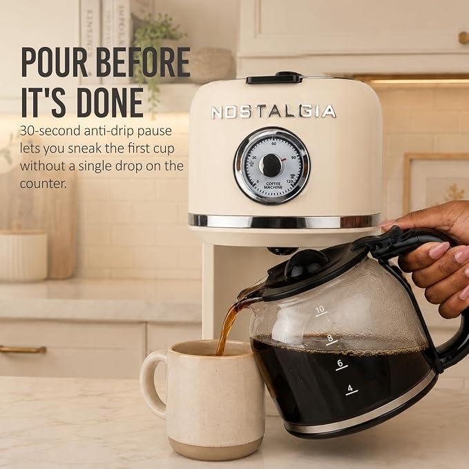Nostalgia Classic Retro 10 Cup Coffee Maker - One-Touch Drip Brew, Reusable Filter - Anti-Drip, Auto Shutoff, & Time Display - Dishwasher Safe 50 oz Carafe - Cream