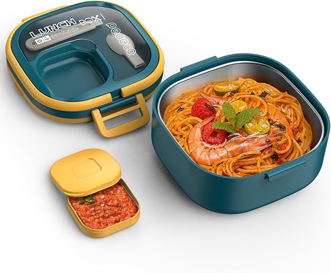 Single-Layer Bento Lunch Box for Kids & Adults with Removable Stainless Steel Lunch Container,Dressing Container,BPA-Free,Dishwasher Safe - Includes Utensil(Blue,Non-Insulated)