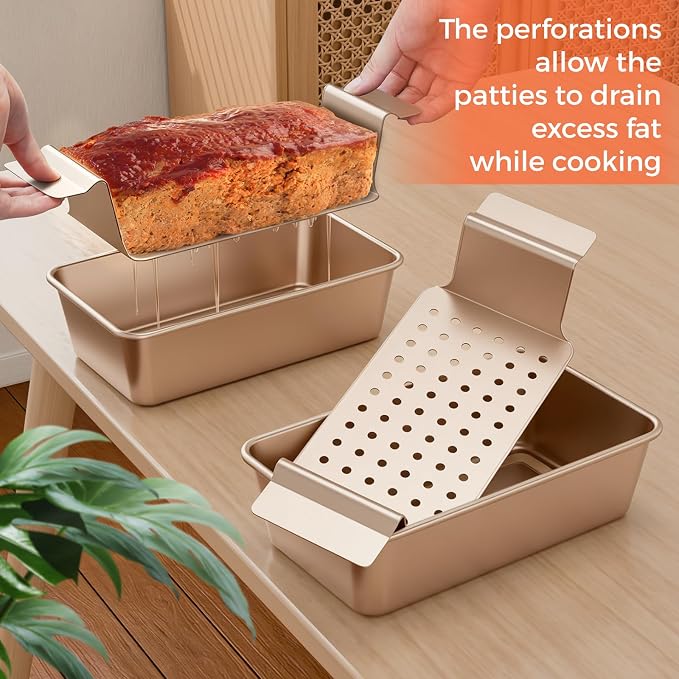 TLAZZ 2 Pack Meatloaf Pan with Drain Tray for Pound Cake Bacon Meatloaf | 9.4 x 5.5 Inch Non Stick Meat Loaf Pan features wide handles with a removable perforated drain tray for any kitchen