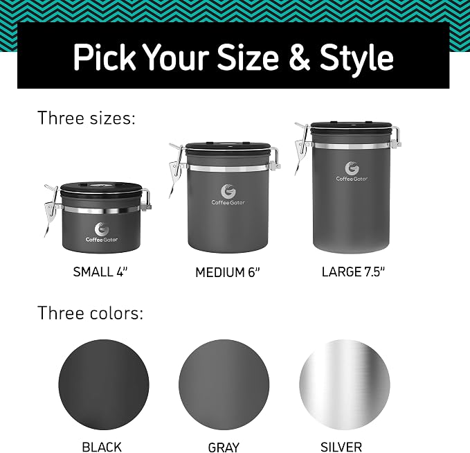 Coffee Gator Coffee Canister, 2Pack 22oz Stainless Steel Container | w/ Date Tracker, Scoop, Valve, Kitchen Food Storage Jars for Beans, Ground, Tea, Sugar, Cookie, Bar Accessories, Gray&Silver